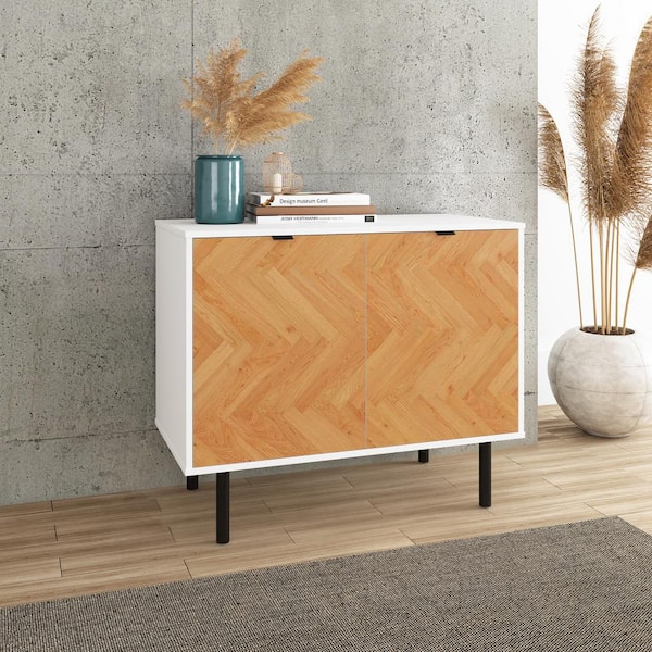 Manhattan Comfort Liam White and Wood Print Mid-Century Modern 25.60 in. H Accent Storage Cabinet with 2-Shelves