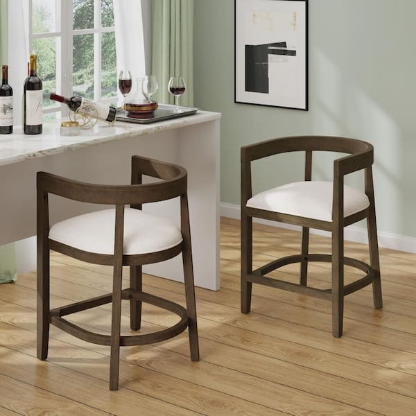 Timel 25.25 in. Solid Wood Frabic Upholstered Counter Stools with Curved Backrest Beige Plus Walnut (Set of 2)