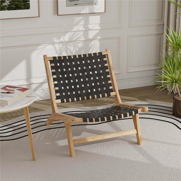 Costway Modern Teak Wood Polyester Lounge Chair with Nylon Woven Backrest and Polyester Seat Comfy Reading Chair Black