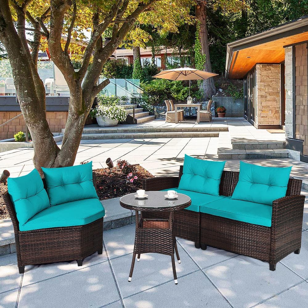 Turquoise Cushioned Rattan Outdoor Furniture Set with Glass Table