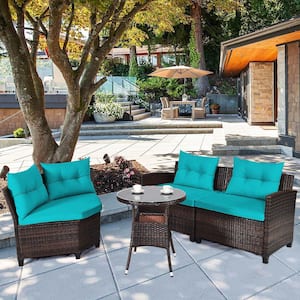 4-Piece Wicker Rectangular Patio Conversation Set with Turquoise Cushions