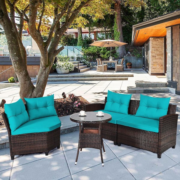 4-Piece Wicker Rectangular Patio Conversation Set with Turquoise Cushions