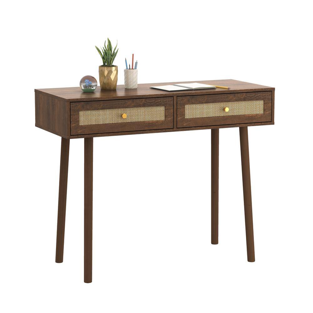 Walnut Mid-Century Modern Console Table with Rattan Drawers