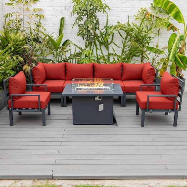 Leisuremod Chelsea Modern Black 7-Piece Aluminum Patio Sectional Seating Set with Fire Pit Table and Red Cushions