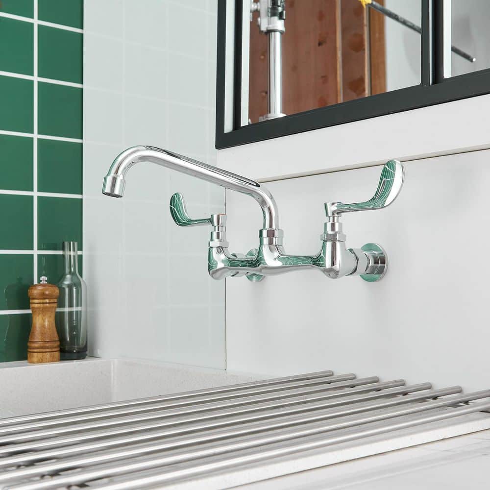 Polished Chrome Double Handle Wall Mount Kitchen Faucet