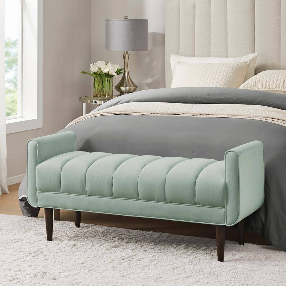Pistachio Green Velvet Upholstered Channel Bench with Dark Wood Legs