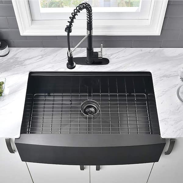 Staykiwi 33 in. Farmhouse Single Bowl 16 Gauge Black Stainless Steel Kitchen Sink with Bottom Grids with Accessories