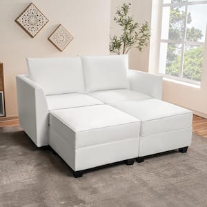 61.02 in. W Faux Leather Straight Arm Loveseat with Double Ottoman for Sectional Sofa in. Bright White
