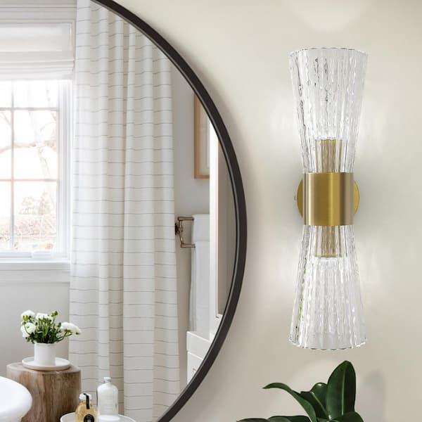 Washington 16.75 in. W 2-Light Brushed Gold Industrial Wall Sconce with Unique Tube Clear Glass Shade