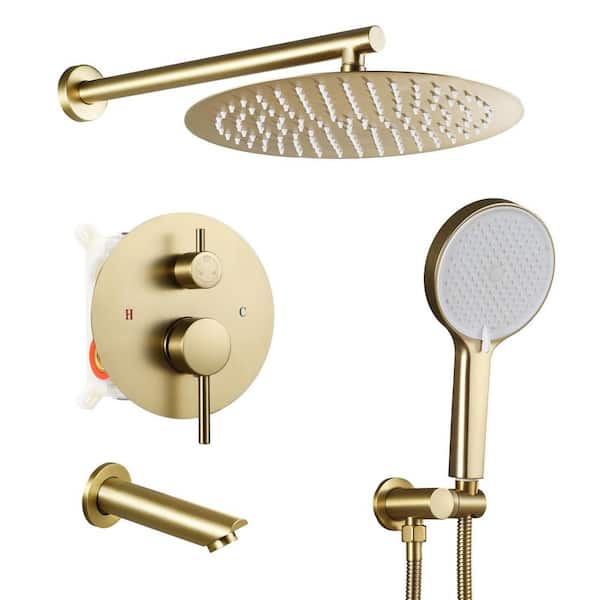 Single Handle 3-Spray Shower Faucet 2.0 GPM with Adjustable Flow Rate Tub Spout in Brushed Gold
