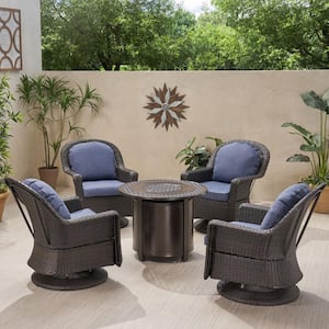 Liam Dark Brown 5-Piece Faux Rattan Patio Fire Pit Set with Navy Blue Cushion and Hammered Bronze Fire Pit