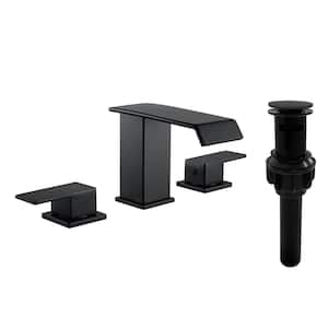 Modern 8 in. Widespread Low Arc Bathroom Faucet with Drain Assembly in Matte Black
