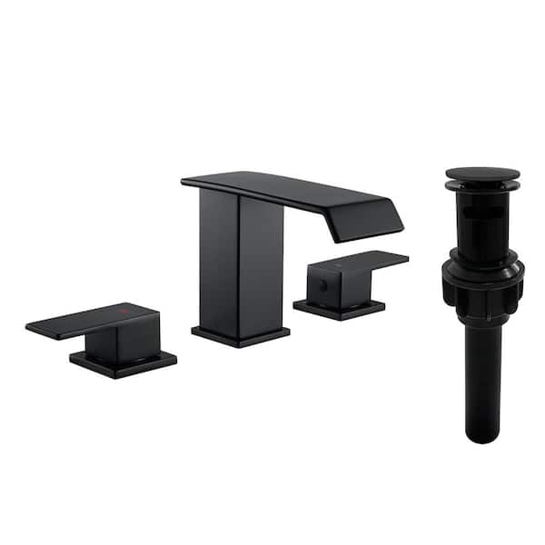 Fapully Modern 8 in. Widespread Low Arc Bathroom Faucet with Drain Assembly in Matte Black