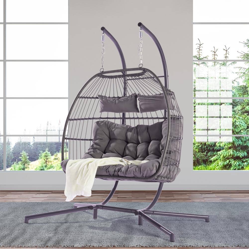 2-Person Hanging Egg Swing Chair Wicker Patio, Double Hammock Chair with Cu