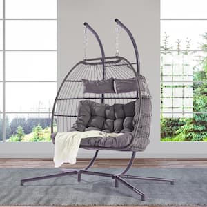 2-Person Hanging Egg Swing Chair Wicker Patio, Double Hammock Chair with Cushion and Stand in Light Gray