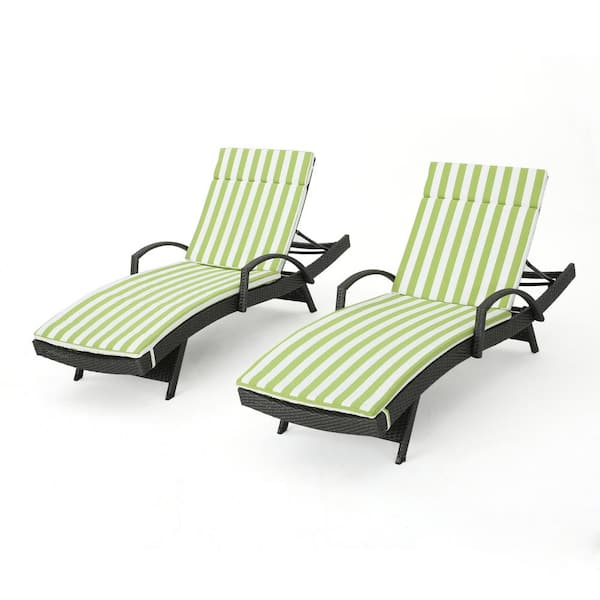 Noble House Miller Grey 2-Piece Plastic Outdoor Chaise Lounge Set with Green/ White Stripe Cushions and Armrest