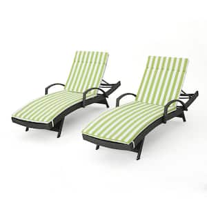Miller Grey 2-Piece Plastic Outdoor Chaise Lounge Set with Green/ White Stripe Cushions and Armrest