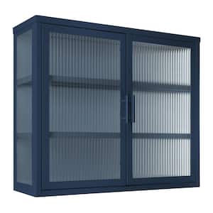 27.60 in. W x 9.10 in. D x 23.60 in. H Double Glass Door Bathroom Storage Wall Cabinet in Blue with Detachable Shelves