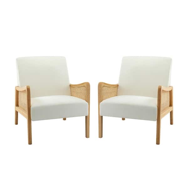 JAYDEN CREATION Finebaik Solid Wood Legs Livingroom ArmChair with Rattan Arm (Set of 2)-Ivory