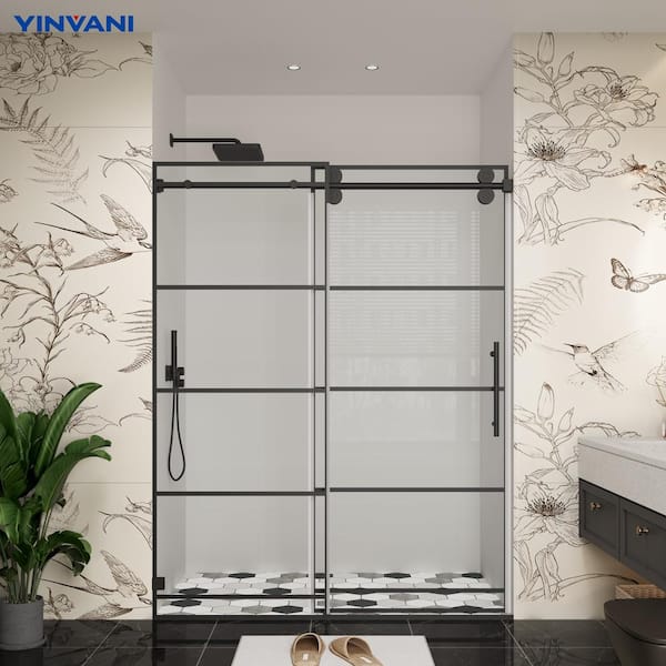 YINVANI 60 in. W x 76 in. H Single Sliding Frameless Bypass Shower Door in Matte Black with Easy-Clean 3/8 in. Black Grids Glass