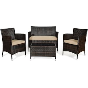 4-Piece Outdoor Wicker Conversation Furniture Set with Beige Cushions and Tempered Glass Table