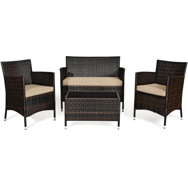 Alpulon 4-Piece Outdoor Wicker Conversation Furniture Set with Beige Cushions and Tempered Glass Table