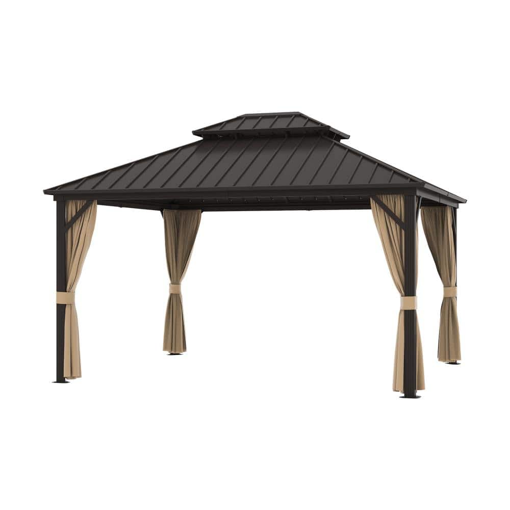 12 ft. x 14 ft. Double Top Steel Hardtop Gazebo, Outdoor Patio Aluminum Frame Pavilion with Curtains and Netting price history on PriceWatchPro