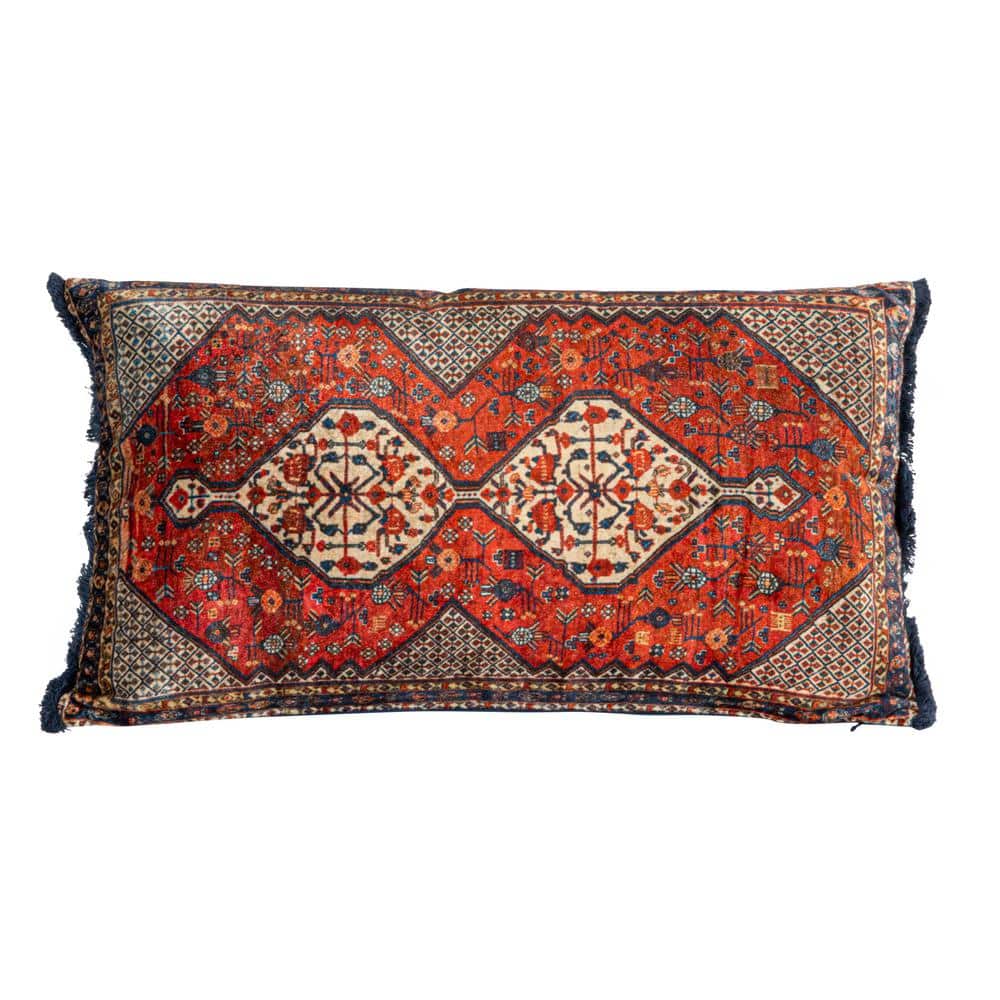 Vintage Multicolor Velvet Rectangular Lumbar Pillow with Fringe