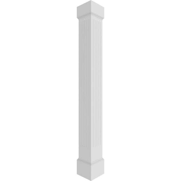 Ekena Millwork 9-5/8 in. x 10 ft. Premium Square Non-Tapered Fluted PVC Column Wrap Kit, Mission Capital and Base