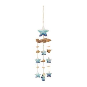 34 in. Blue Ceramic Starfish Ombre Windchime with Driftwood and Bead Accents