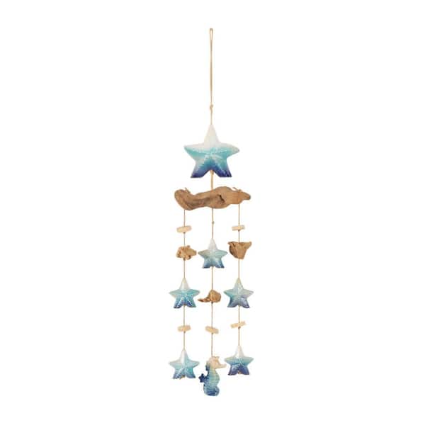 Litton Lane 34 in. Blue Ceramic Starfish Ombre Windchime with Driftwood and Bead Accents