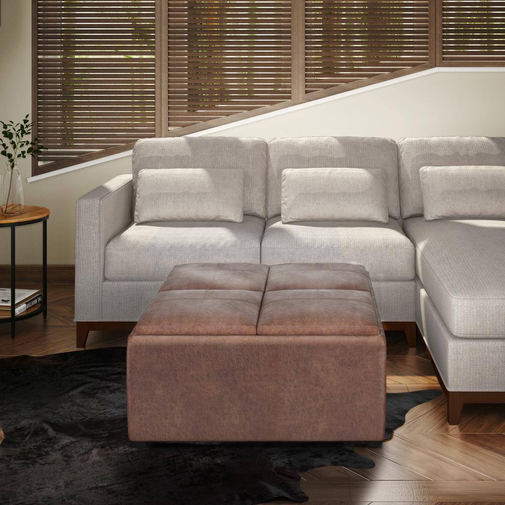 Avalon 35" Distressed Umber Brown Faux Leather Square Storage Ottoman