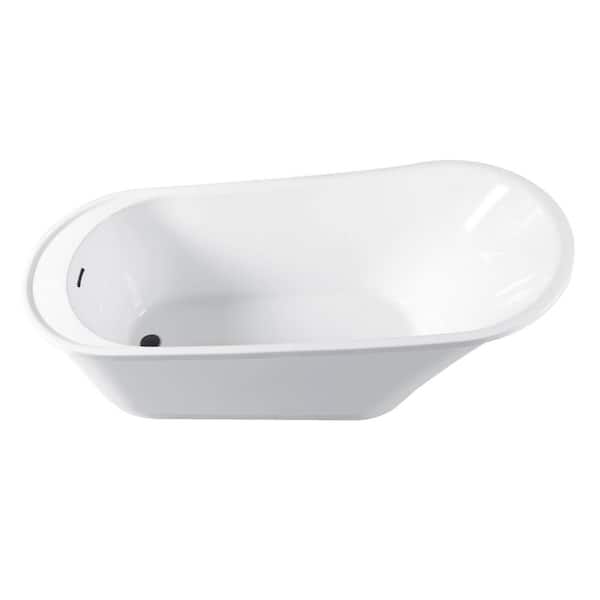 Aqua Eden 59 in. x 28.4 in. Acrylic Flatbottom Soaking Freestanding Bathtub in Glossy White/Matte Black with Drain