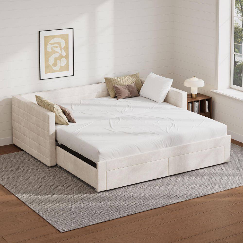 Beige Twin Extendable Upholstered Daybed with Trundle, Sofa Bed with Storage Drawers