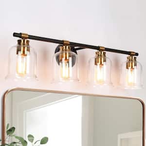 29 in. 4-Light Black Bathroom Vanity Light Modern Classic Bell Wall Sconce with Brass Accents Clear Glass Shades