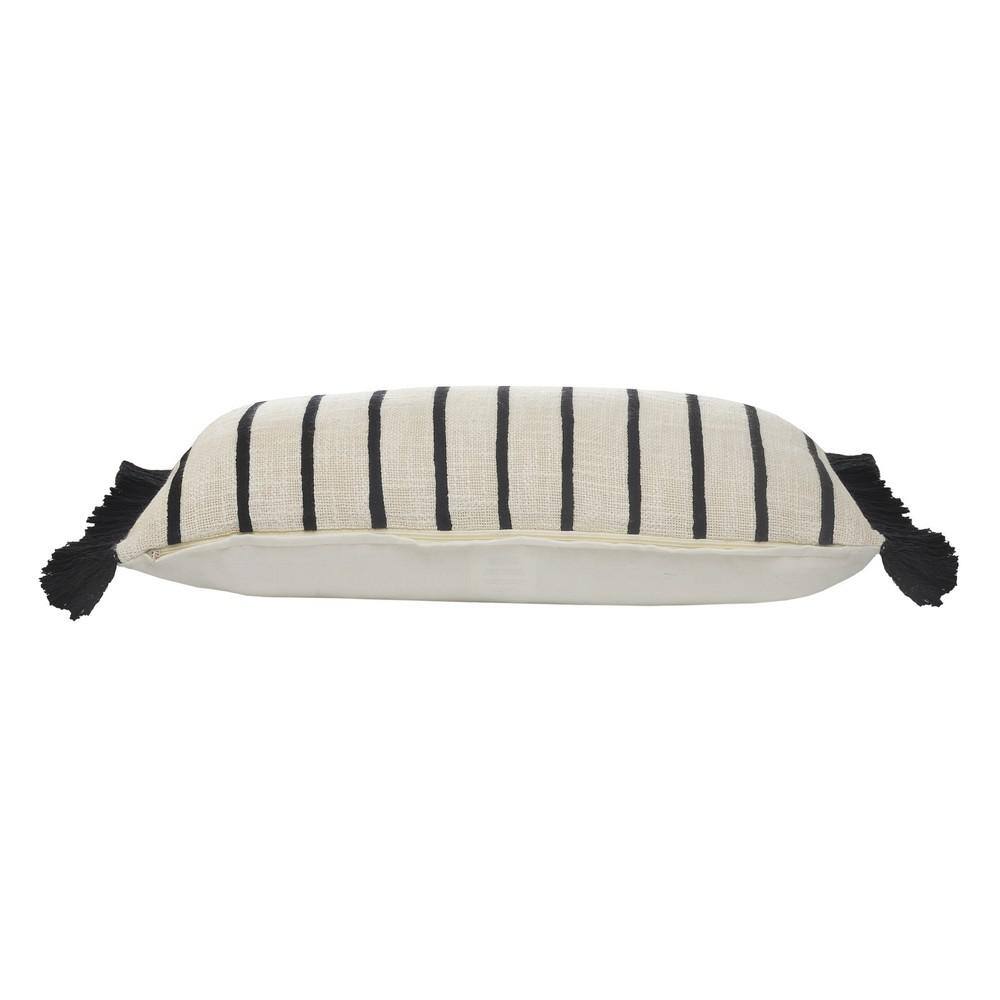Ivory and Black Striped Cotton Fringe Throw Pillow 28" x 12"