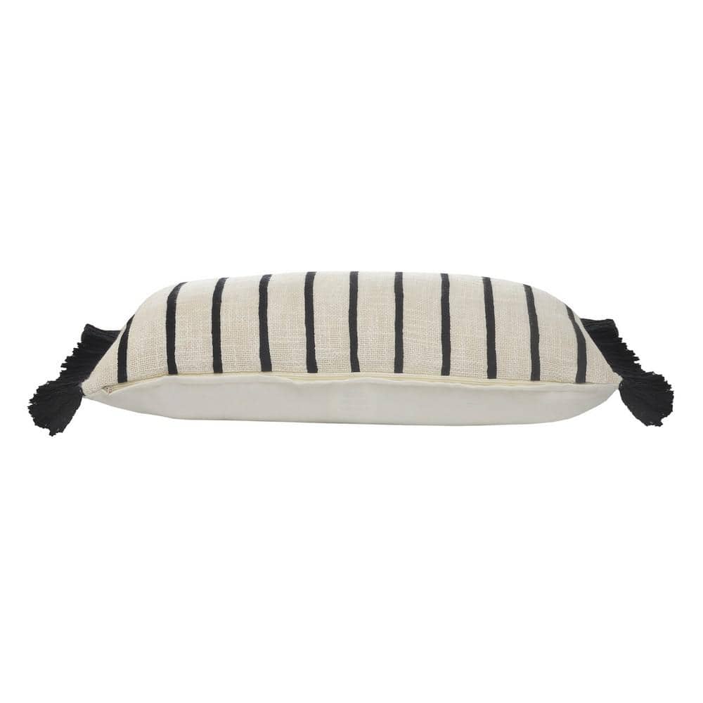 Ivory and Black Striped Cotton Fringe Throw Pillow 28" x 12"