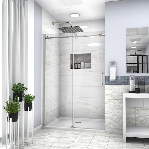 48 in. W x 76 in. H Single Sliding Semi-Frameless Shower Door in Brushed Nickel Finish with Clear Glass