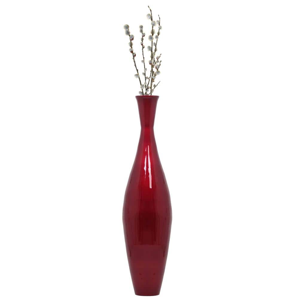 Tall Silver, Red, and Gold Bamboo Floor Vase Set