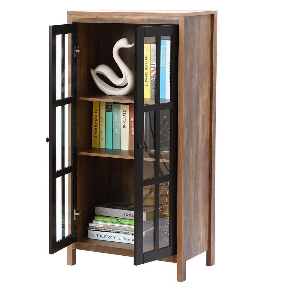 Natural Wood and Black Glass Door Curio Cabinet