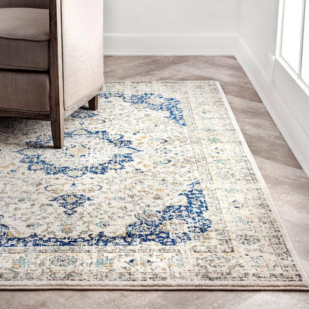 Blue and White Synthetic Reversible Runner Rug