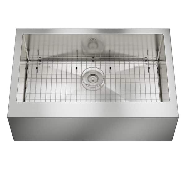 Boyel Living 33 in. Farmhouse Apron-Front Single Bowl 18-Gauge Silver Stainless Steel Kitchen Sink with Bottom Grid, Strainer Basket
