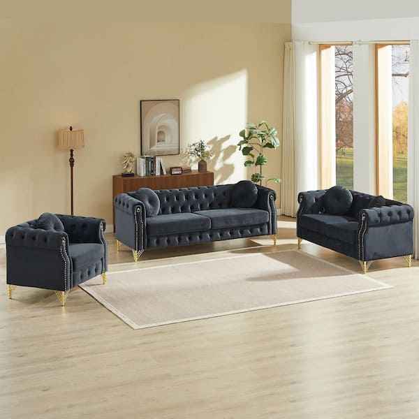 Lornell French 82 in. 3-Piece Velvet Button Tufted Upholstered Rectangle Sectional Sofa Set in Black with Pillows