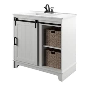 36 in. W x 18 in. D x 34 in. H Barn Door Single Bathroom Vanity Side Cabinet in White with White Marble Top