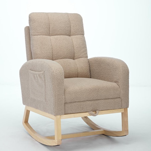 Unbranded Natural Wood Outdoor Rocking Chair with Gray Cushions Upholstered, Side Pocket for Living Room