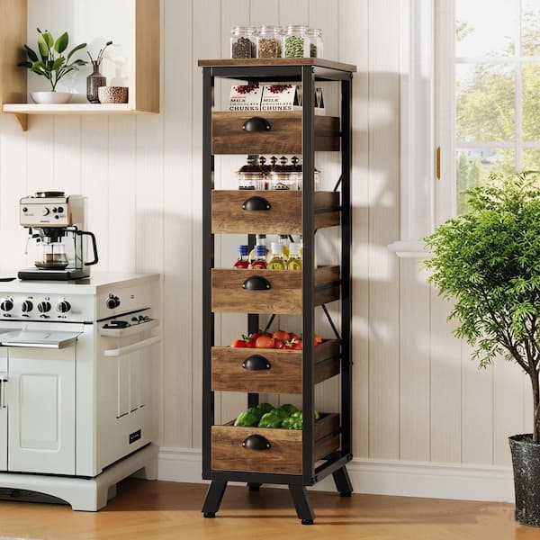 Keenyah Brown 5+-Shelf Wood 11.81 in. W Baker's Rack, 5-Tier Snack Stand Pull-Out Organizer for Kitchen Living Room