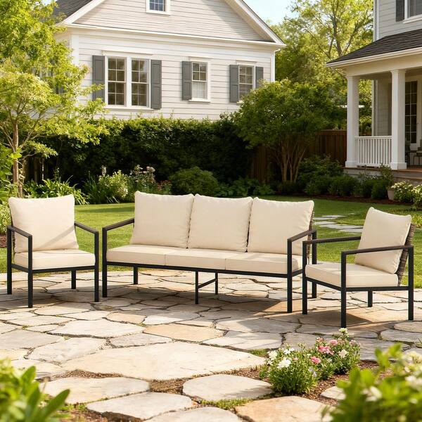 3-Piece Natural PE Rattan Wicker Outdoor Sectional Sofa Set with Beige Washable Cushions