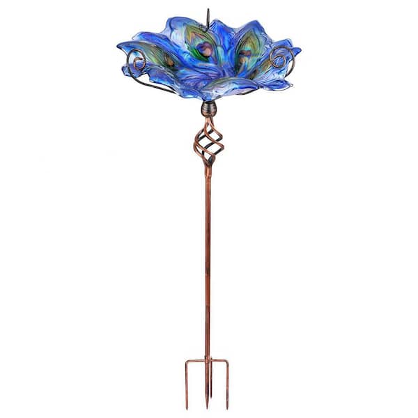 31 in. Blue Glass Bird Bath with 4-Pronged Metal Stake, Outdoor BirdBath, Bird Feeder for Garden