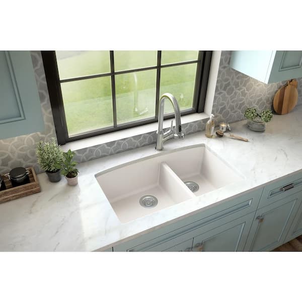 QU-711 Quartz/Granite 32 in. Double Bowl 60/40 Undermount Kitchen Sink in White with Bottom Grid and Strainer