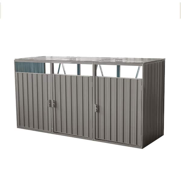 94.48 in. W x 31.49 in. D x 48.03 in. H Grey Metal Garbage Bin Shed Stores 3 Trash Can Storage